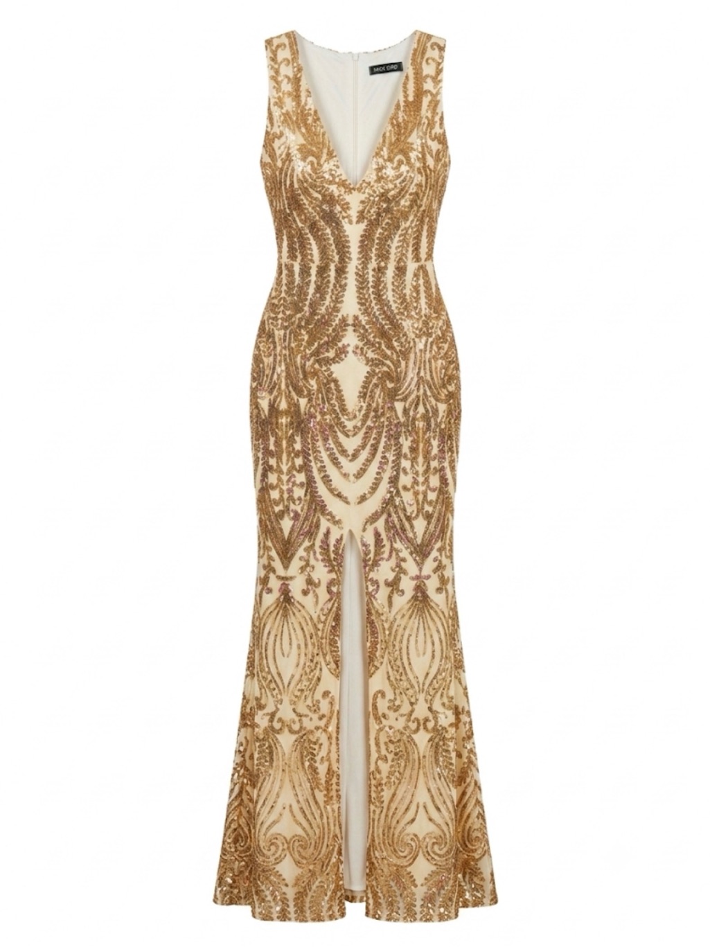 Gold Sequin V-Neck Maxi Dress With Front Slit